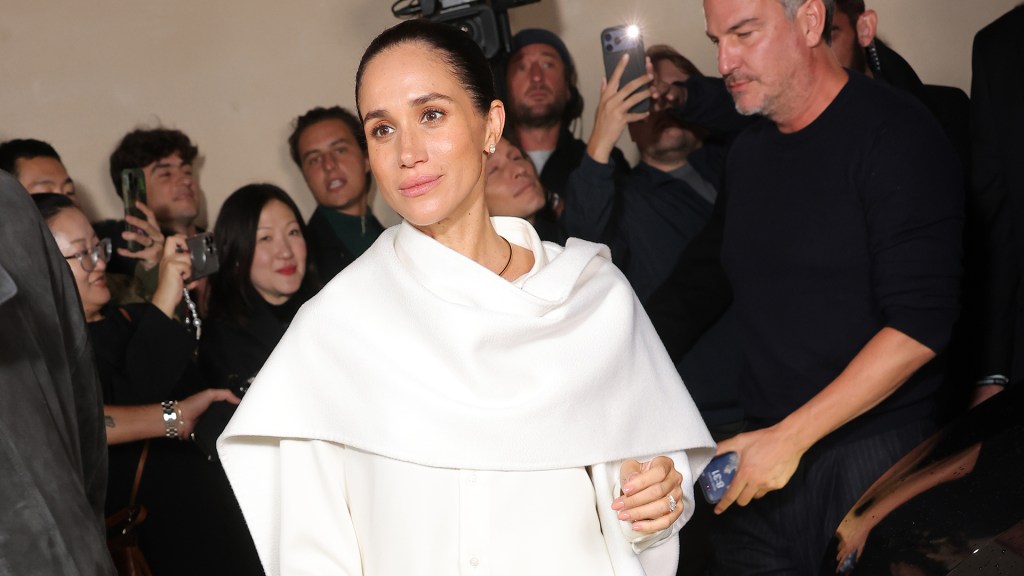 PARIS, FRANCE - OCTOBER 04: Meghan Markle, Duchess of Sussex attends the Balenciaga Womenswear Spring/Summer 2026 show as part of Paris Fashion Week on October 04, 2025 in Paris, France. (Photo by Arnold Jerocki/Getty Images for Balenciaga)