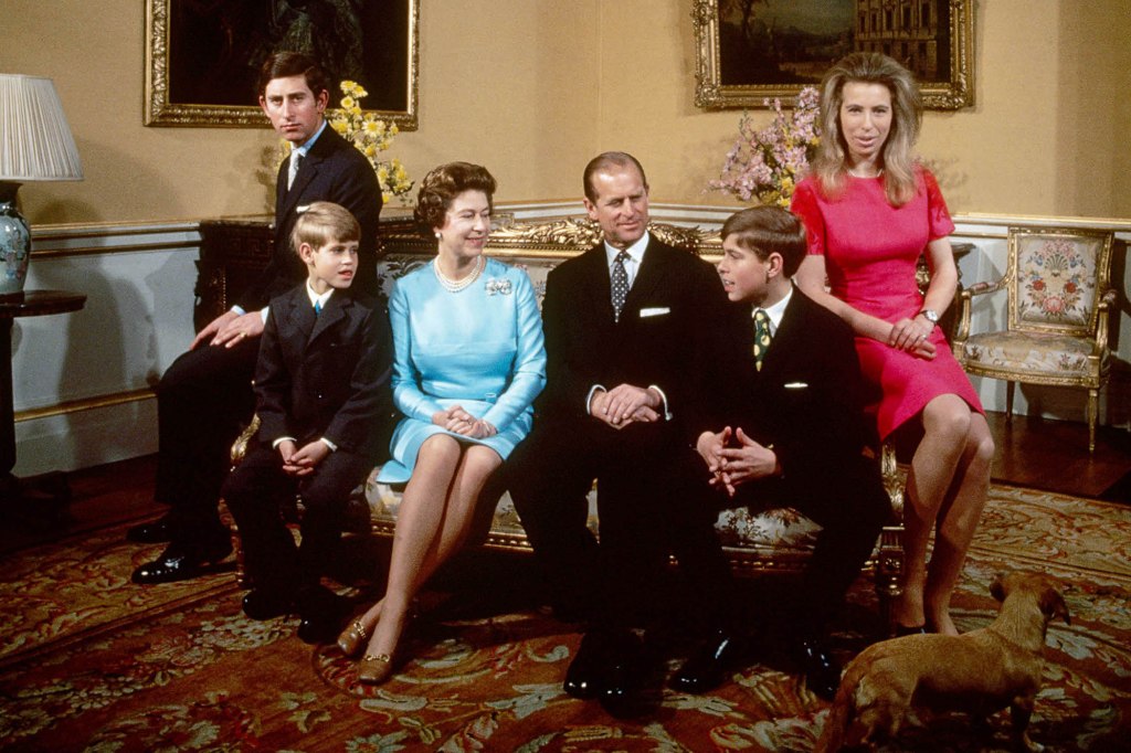The Royal Family at Buckingham Palace, London, 1972. Left to right: Princess Anne, Prince Andrew, Prince Philip, Queen Elizabeth, Prince Edward and Prince Charles. (Photo by Fox Photos/Hulton Archive/Getty Images)