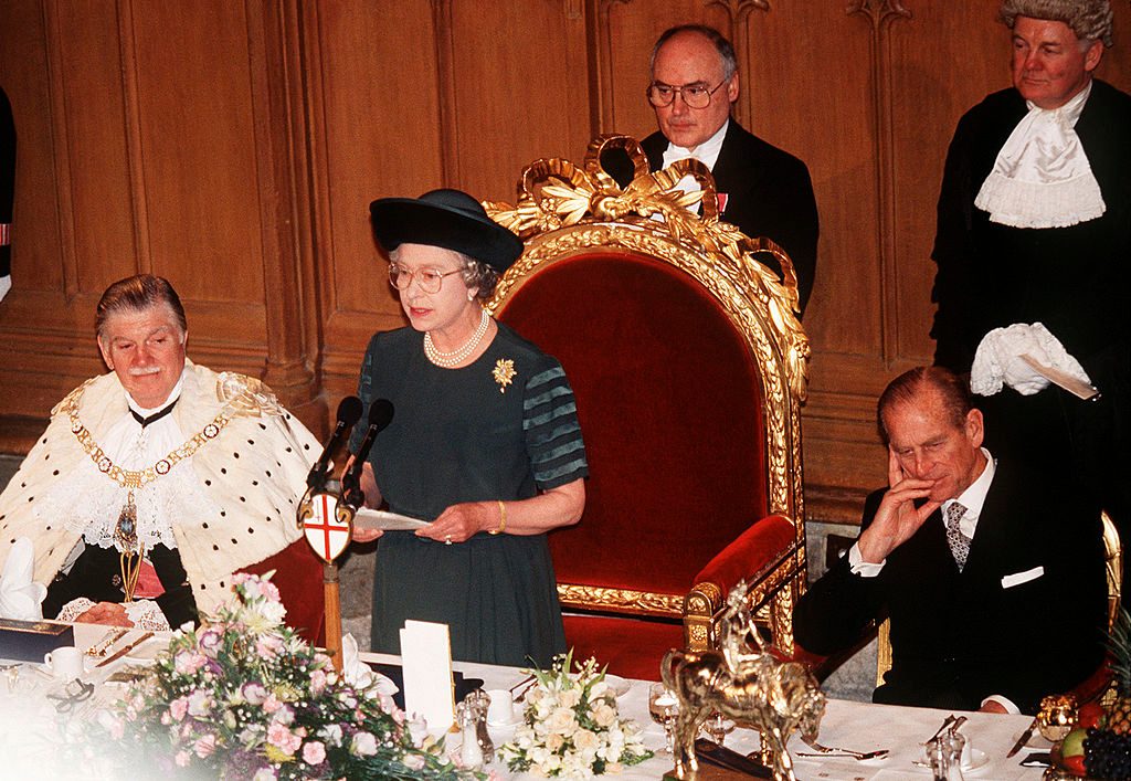 LONDON:  Queen Elizabeth II makes a speech at Guildhall on her 40th Anniversary in 1992 - the "Annus Horribilis". (Photo by Anwar Hussein/Getty Images)